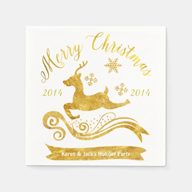 Elegant Guld Reindeer & Snowflake Cocktail Napkins Pappersservett (Framsidan)