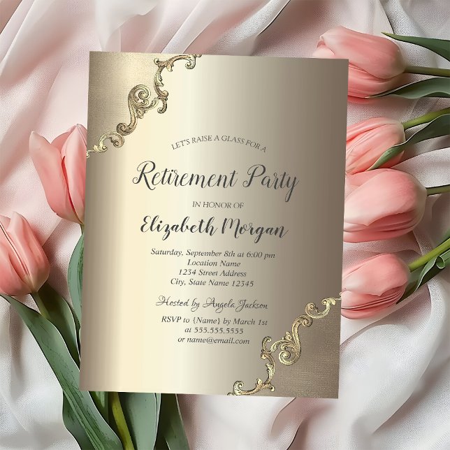 Elegant guld retro kant pensionering  inbjudningar (Skapare uppladdad)
