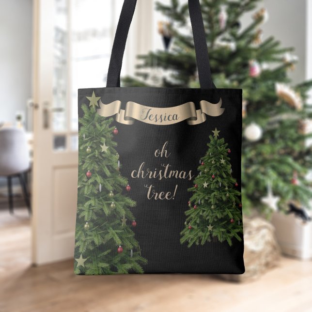 Elegant, Guld Ribbon Namn Black Tygkasse (Add your name to this festive Christmas tree tote bag and fill with goodies)