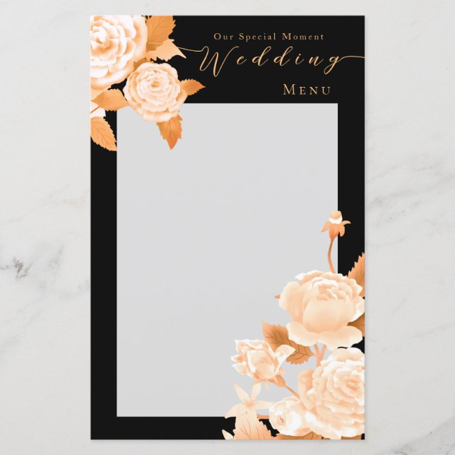 Elegant Guld Ro Black Bröllop Menu (Framsida)