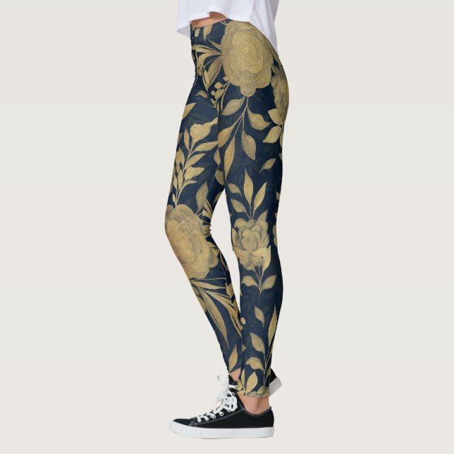 Elegant Guld Ro Blommigt - marinblå design Leggings (Vänster)
