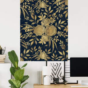 Elegant Guld Ro Blommigt - marinblå design Poster