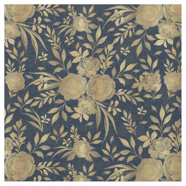 Elegant Guld Ro Blommigt - marinblå design Tyg (Närbild)