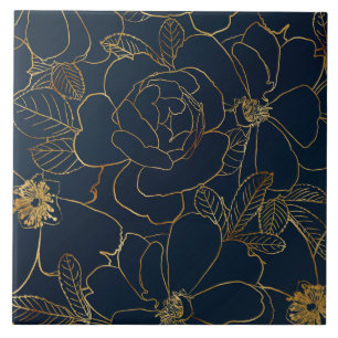 Elegant Guld Ro Blommigt Teckning Blue Design Kakelplatta
