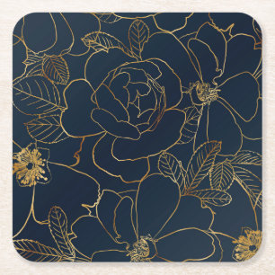 Elegant Guld Ro Blommigt Teckning Blue Design Underlägg Papper Kvadrat