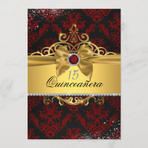 Elegant guld röd damast Quinceanera inbjudan