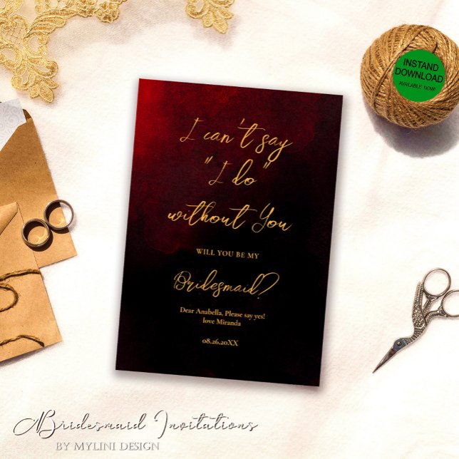 Elegant guld röd och svart brudtärna klänning inbjudningar (Skapare uppladdad)