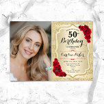 Elegant Guld Röd ros Foto 50:e födelsedagen Inbjudningar<br><div class="desc">Femininininbjudan till elegantens blommigt på 50 år med ditt foto. Glam-design med faux glitter guld. Funktioner rand, röd ros, typsnitt för skript och confietti. Perfekt för en snyggt vuxen under firande party. Anpassa med dina egna detaljer. Kan anpassas för vilken ålder som helst! Skrivna Zazzle-inbjudningar eller digital utskrivbar mall för...</div>