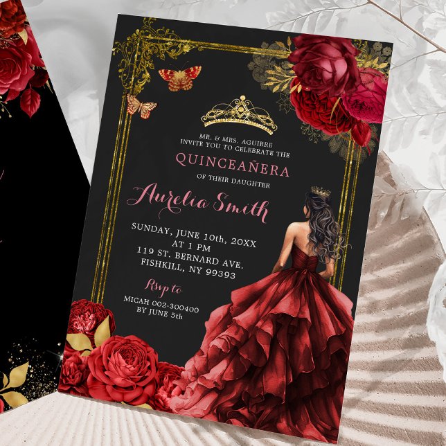 Elegant Guld Röd ros Royal Quinceañera Inbjudningar (Skapare uppladdad)