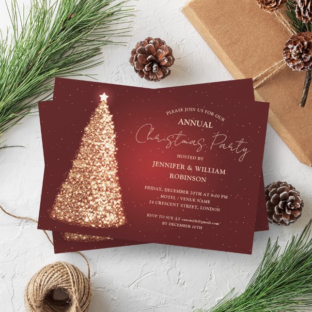 Elegant Guld Röda Julafton Träd Gnistra Julfest Inbjudningar (Elegant Gold Red Xmas Tree Sparkle Holiday Party Invitation)