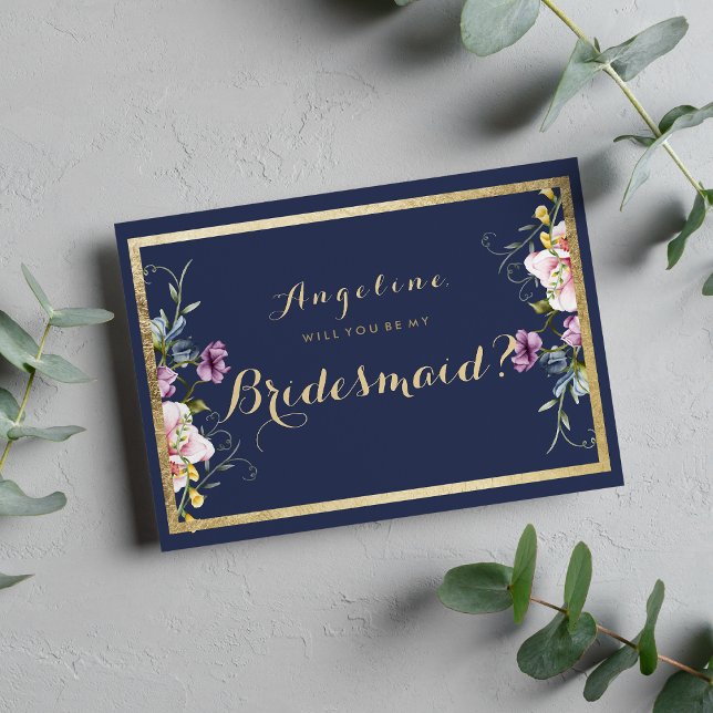 Elegant  guld rosa blommigt Bridesmaid Inbjudningar (Elegant navy blue gold pink floral Bridesmaid )