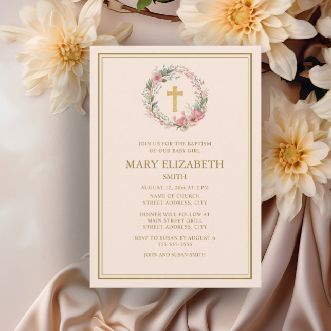 Elegant Guld Rosa Blommigt Kor Flicka Inbjudningar (Elegant floral wreath and cross baptism invitation)