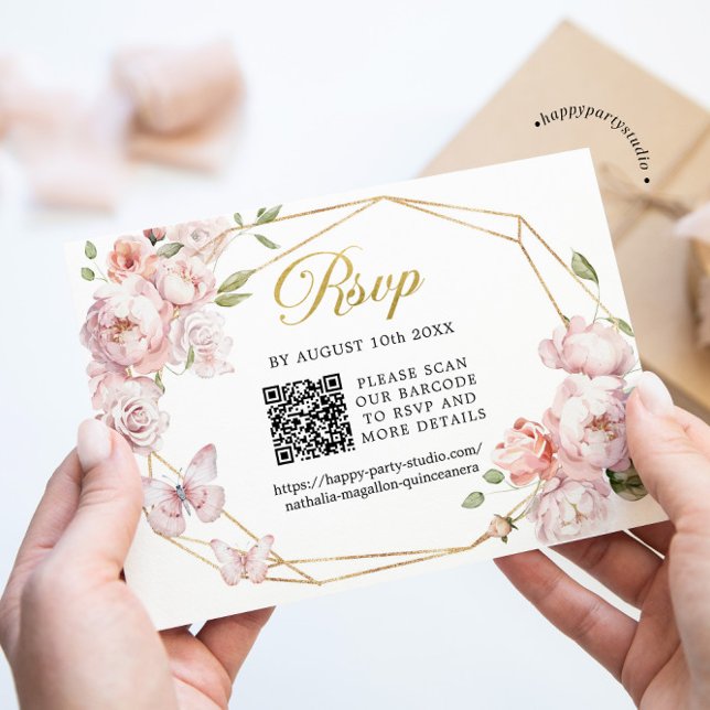 Elegant Guld Rosa Blommigt Mis Quince Años QR OSA Kort (Skapare uppladdad)