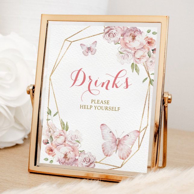 Elegant Guld Rosa Blommigt Mis Quince Drinks Poster (Skapare uppladdad)
