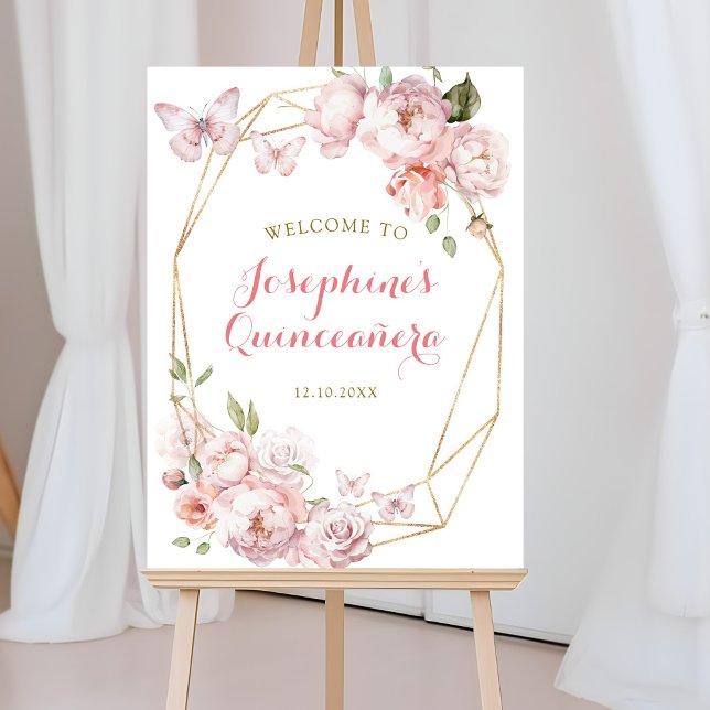 Elegant Guld Rosa Blommigt Mis Quince Välkomstsign Poster (Skapare uppladdad)