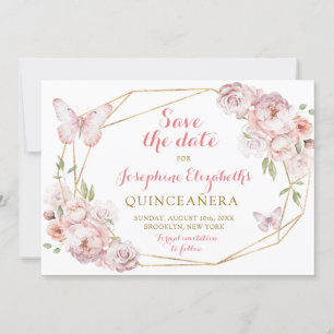 Elegant Guld Rosa Blommigt Mis XV Años Spara datum Inbjudningar