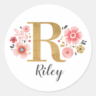 Elegant Guld Rosa Blommigt Monogram Initial Brev R Runt Klistermärke