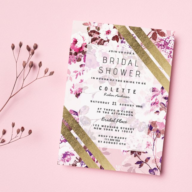 Elegant Guld Rosa Blommigt stripe-Möhippa Inbjudningar (Elegant Gold Pink Floral Striped Bridal Shower)