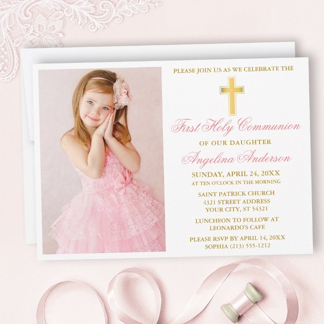 Elegant Guld Rosa First Communion Photo Inbjudningar (Customize to change text color, size, style or to add more text to back of card.)