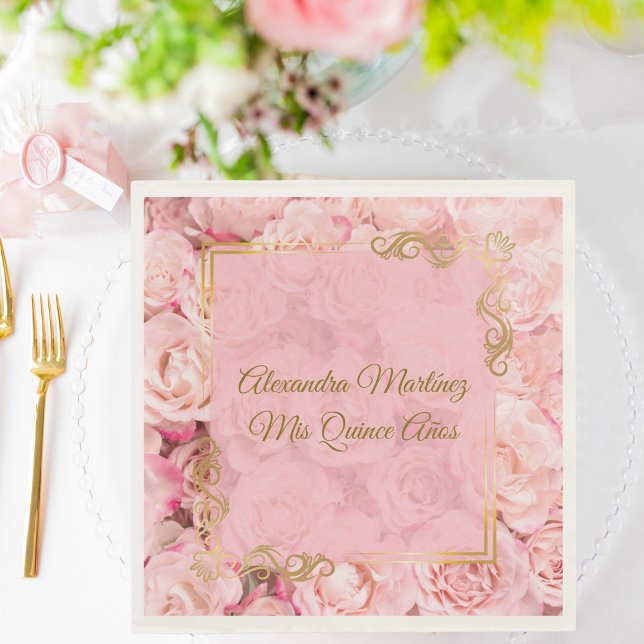 Elegant Guld Rosa Flowers Quinceañera Pappersservett (Skapare uppladdad)