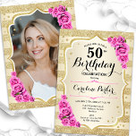 Elegant Guld Rosa Foto 50:e födelsedagen Inbjudningar<br><div class="desc">Femininininbjudan till elegantens blommigt på 50 års födelsedag med ditt foto på baksidan av kortet. Glam-design med faux glitter guld. Funktioner guld rand, rosa ros, skriptteckensnitt och konetti. Perfekt för en snyggt vuxen under firande party. Anpassa med dina egna detaljer. Kan anpassas för vilken ålder som helst! Skrivna Zazzle-inbjudningar eller...</div>