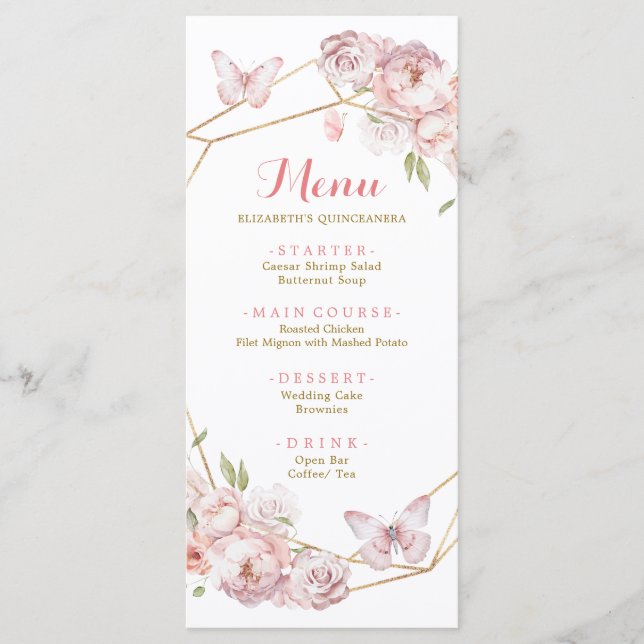 Elegant Guld Rosa Geometric Blommigt Quinceañera Meny (Framsida)
