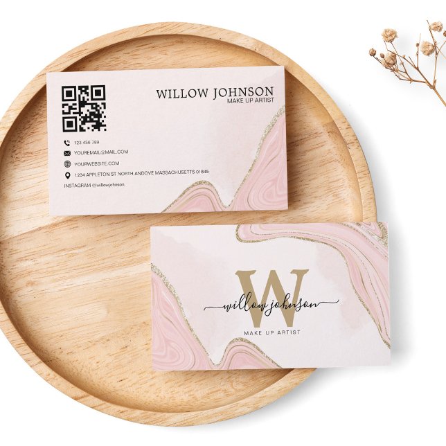 Elegant Guld Rosa Glitter QR-kod Modern Monogram Visitkort (Skapare uppladdad)