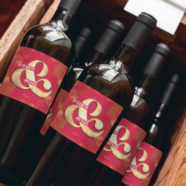 Elegant Guld Rosa Magenta Bröllop Anpassningsbar Vinflaska Etikett (Skapare uppladdad)