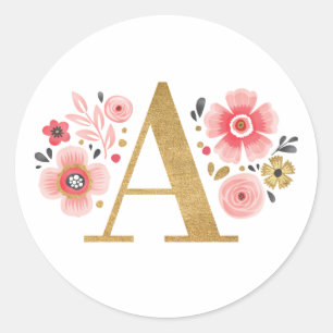 Elegant Guld Rosa Monogram Blommigt Brev A Classic Runt Klistermärke
