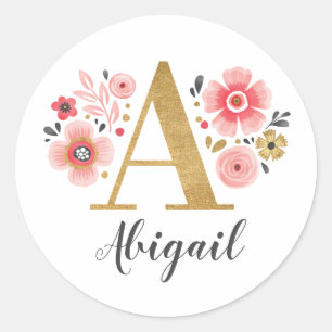 Elegant Guld Rosa Monogram Blommigt Brev A Runt Klistermärke