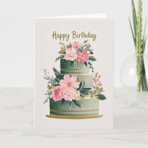 Elegant guld-, rosa- och grön blomsterfödelsedagst kort