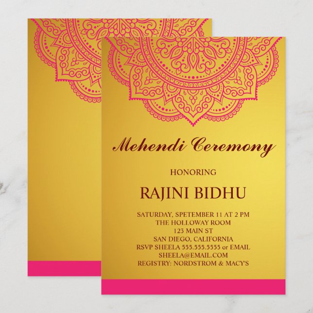 Elegant Guld Rosa Paisley Indian Mehndi Ceremony Inbjudningar (Fram/baksida)