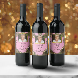 Elegant Guld Rosa Photo 50 Fabulous Birthday Vinflaska Etikett