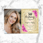Elegant Guld Rosa ros Foto 50:e födelsedagen Inbjudningar<br><div class="desc">Femininininbjudan till elegantens blommigt på 50 år med ditt foto. Glam-design med faux glitter guld. Funktioner rand, rosa ros, typsnitt för skript och confietti. Perfekt för en snyggt vuxen under firande party. Anpassa med dina egna detaljer. Kan anpassas för vilken ålder som helst! Skrivna Zazzle-inbjudningar eller digital utskrivbar mall för...</div>