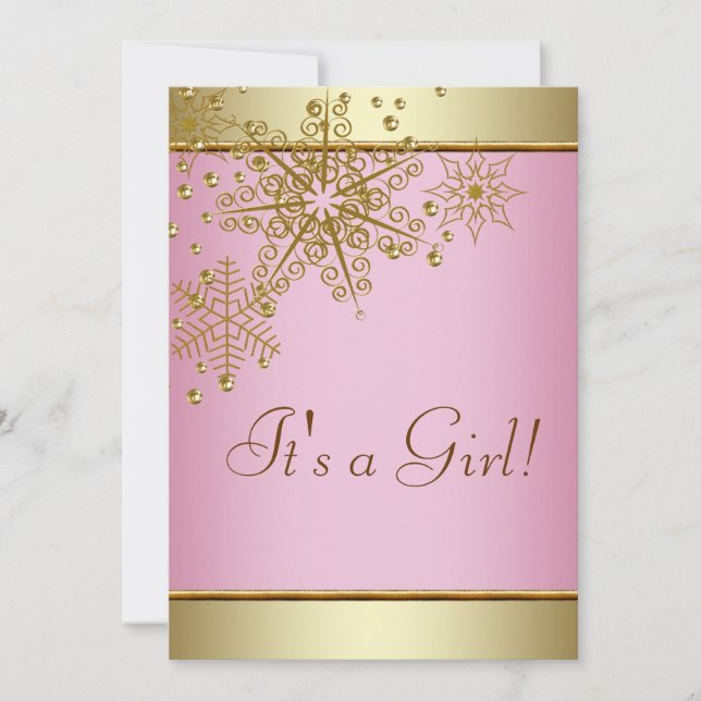 Elegant guld rosa snöflinga babyflicka shower inbjudningar (Framsida)