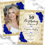 Elegant Guld Royal Blue Photo 50:e födelsedagen Inbjudningar<br><div class="desc">Femininininbjudan till elegantens blommigt på 50 års födelsedag med ditt foto på baksidan av kortet. Glam-design med faux glitter guld. Funktioner guld rand, royal blue ro, skriptteckensnitt och konetti. Perfekt för en snyggt vuxen under firande party. Anpassa med dina egna detaljer. Kan anpassas för vilken ålder som helst! Skrivna Zazzle-inbjudningar...</div>