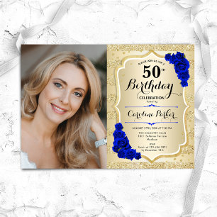 Elegant Guld Royal Blue Ro Photo 50 Birthday Inbjudningar