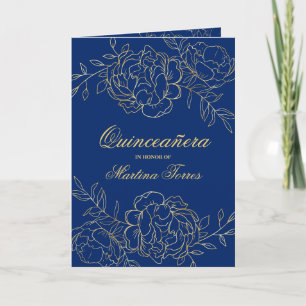 Elegant Guld Royalblå Fin Blommig Quinceanera Inbjudan