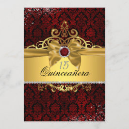 Elegant guld rubinröd damast Quinceanera inbjudan