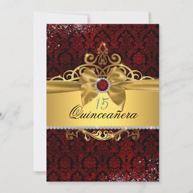 Elegant Guld Ruby Red Damask Quinceanera Inbjudan (Framsida)