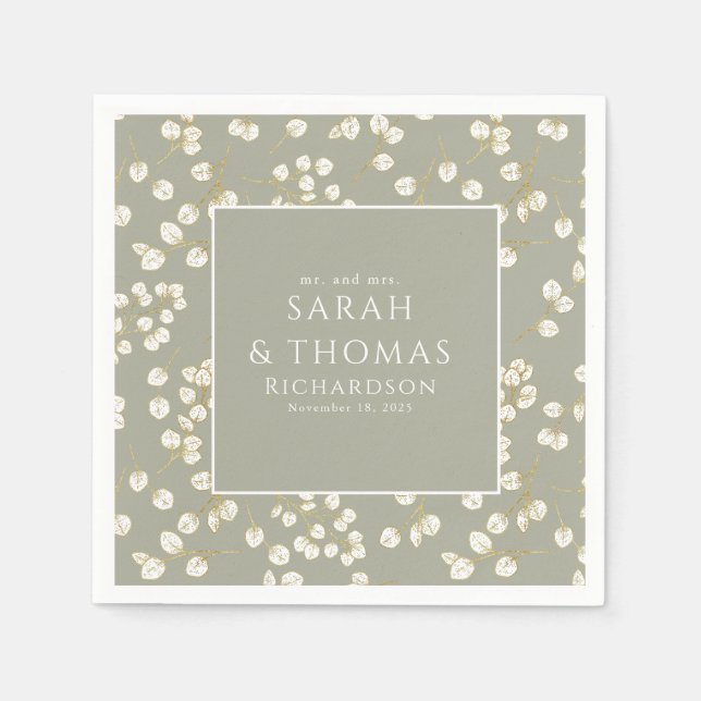 Elegant Guld Sage Grönt Greenery Eucalyptus Löv Pappersservett (Framsidan)