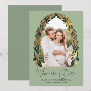 Elegant Guld Sage Grönt Greenery Löv Bröllop Spara Datumet