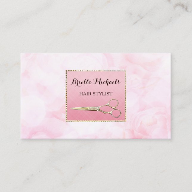 Elegant Guld Scissors Chic Rosa Blommigt Hairstyli Visitkort (Framsida)