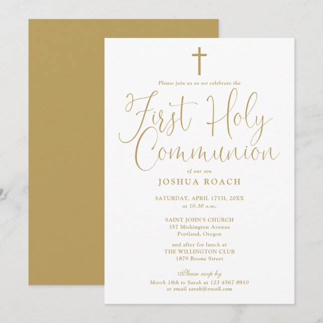 Elegant Guld Scrip First Heliga Communion Inbjudningar (Fram/baksida)