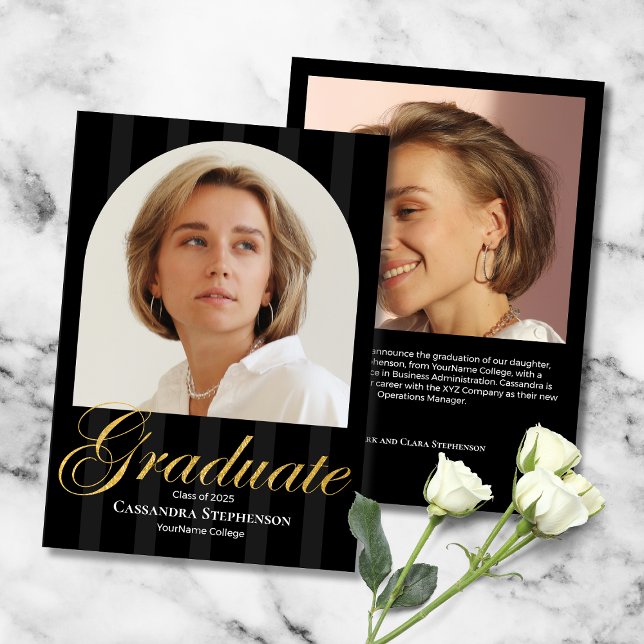Elegant Guld Script 2 Photo Anpassningsbar Student Meddelande (Elegant Gold Script 2-Photo Custom Graduation Announcement with faux gold leaf, tuxedo stripes.)