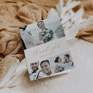 Elegant Guld Script 3-fotokollage med mappat Bröll Tack Kort
