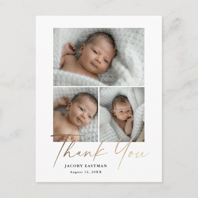 Elegant Guld Script 3 Photo Baby Tack Vykort (Framsida)