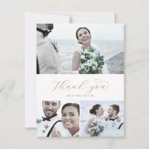 Elegant Guld Script 3 Photo Collage Bröllop Tack Kort