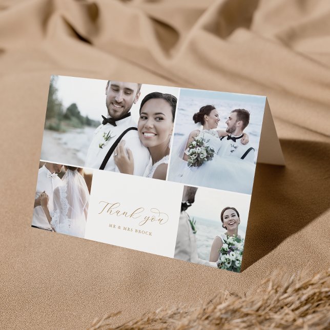 Elegant Guld Script 4 Fotokollage med mappat Bröll Tack Kort (Skapare uppladdad)