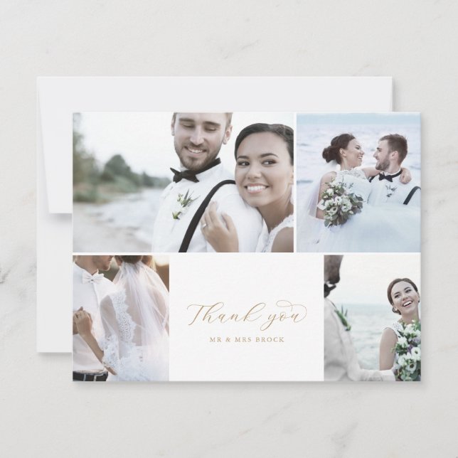 Elegant Guld Script 4 Photo Collage Bröllop Tack Kort (Framsida)